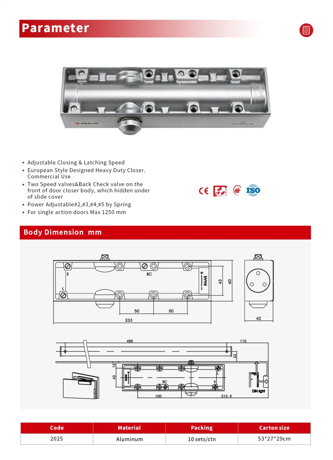 Nero/Black European Square Door Closer 2025 with Ce Ceritificate