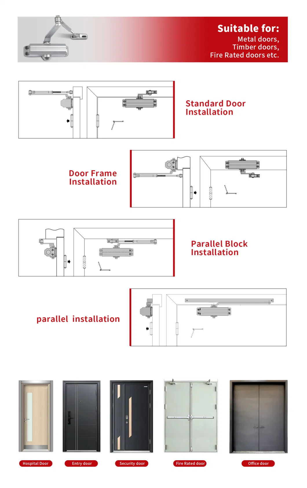 UL Building Door Hardware Fittings Adjustable Aluminium Door Closer for Fire-Proof Door (502)