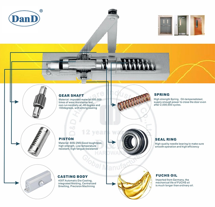 UL Listed Aluminum Alloy Best 180 Degree Automatic Hydraulic Fire Rated Back Check Adjusting Overhead Quiet Hold Open Residential CE Door Closer