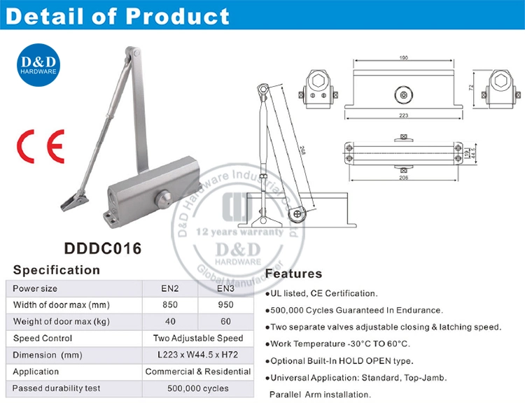 Aluminum Alloy En1154 Simple Fire Rated Hold Open Door Closer