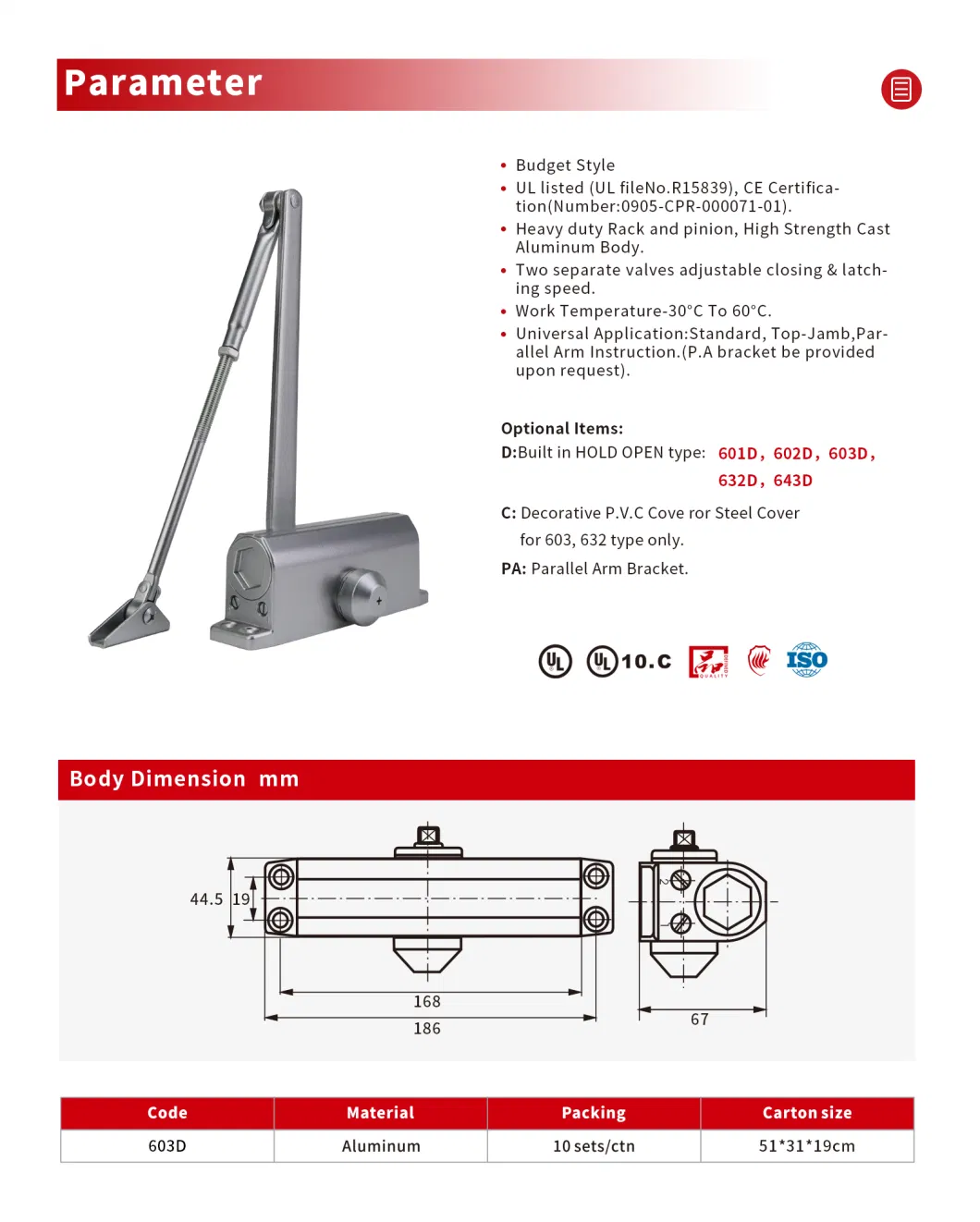 UL Fittings Security Hydraulic Spring Door Closer for 40-65kg Door